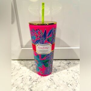 Lilly Pulitzer Hot Pink Floral Travel Tumbler with Neon Green Straw